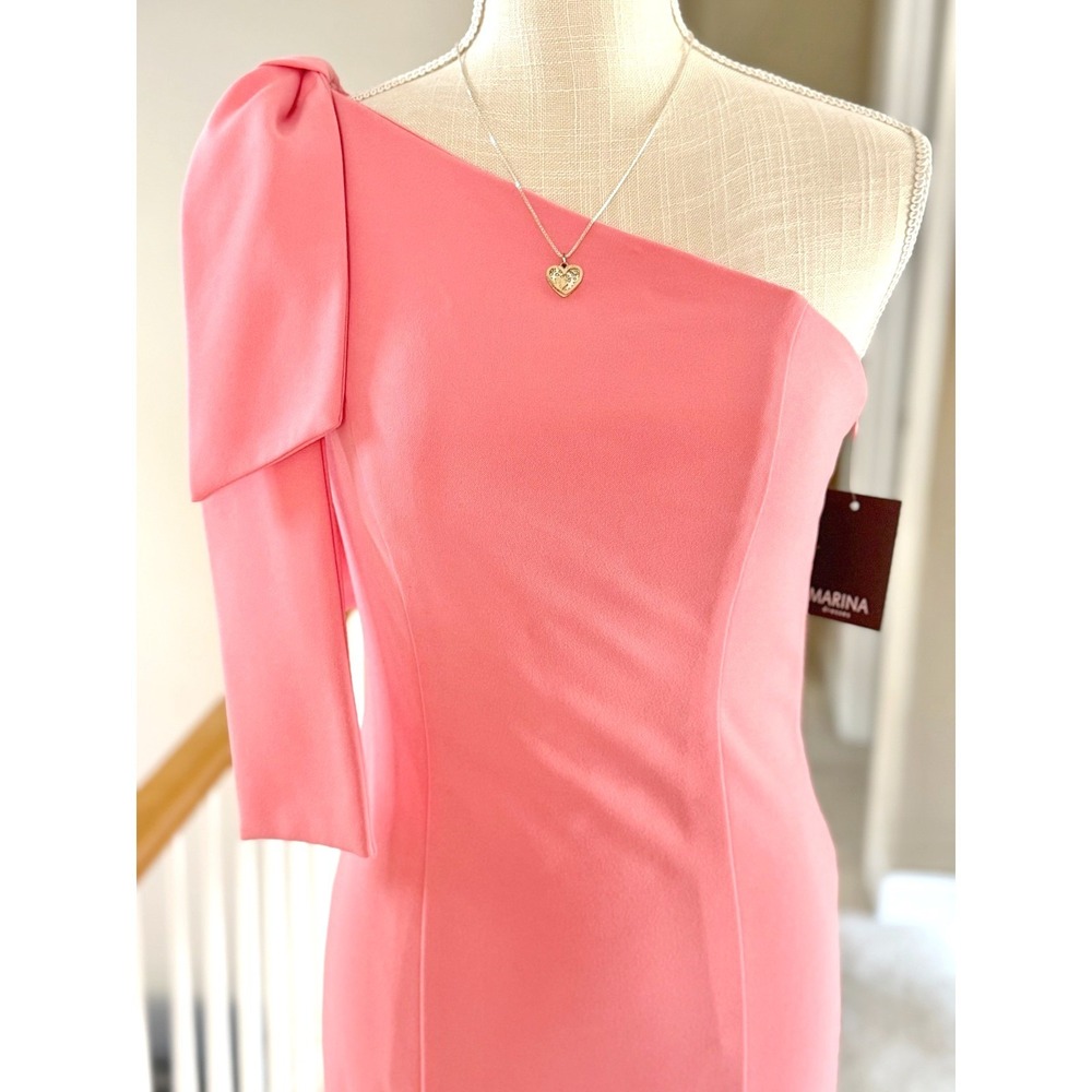 Marina Midi Crepe Dress One Shoulder Bow Accent In Coral Size XS - Picture 2 of 9
